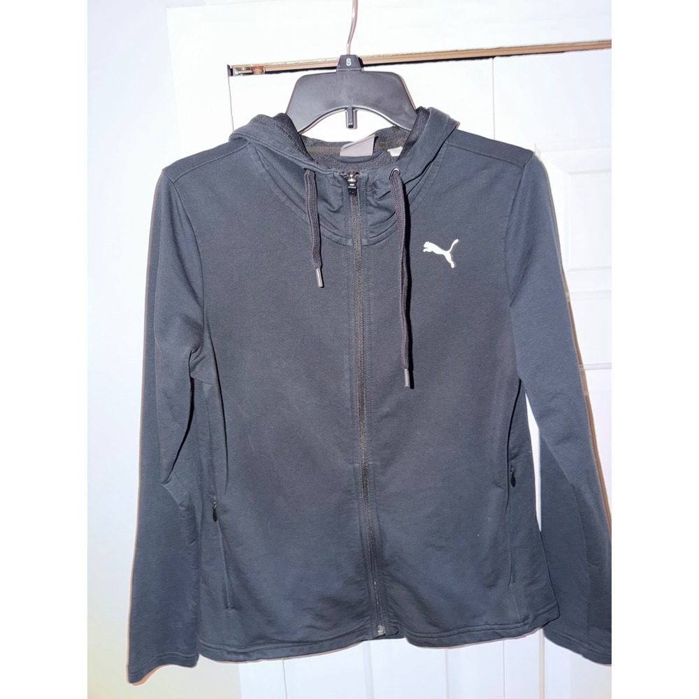 Puma Womens Full Zip Hoodie Black Graphic Logo Sweatshirt